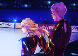 3-ko:  ミ　-　Viktor fixing Yurio’s long hair right before