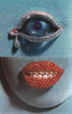 magrittee:  Salvador Dali - The Eye of Time and Ruby Lips brooches