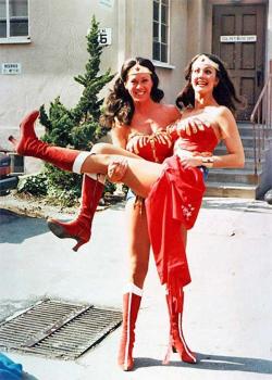 historium: Lynda Carter being carried by her stunt double Jeannie