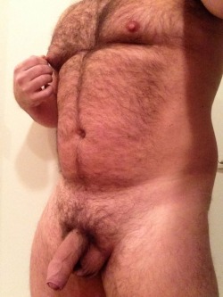 Hot and horny, hairy bear with loaded ballsack and thick uncut