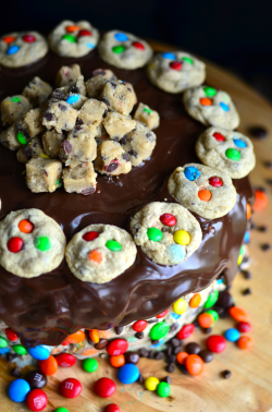 nom-food:  M&M cookie dough ice cream cake with hot fudge
