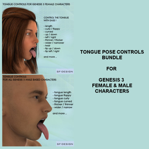 SFD has just released a new bundle package for everyone! Tongue Controls Bundle for Genesis 3 Male & Female Characters. Two products at a discounted price! Throw these into DAZ Studio 4.8 or later and give it a go!  Tongue Controls Bundle For Genesis