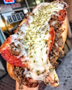 food-porn-diary:  Pizza cheese steak topped with pepperoni, onions,
