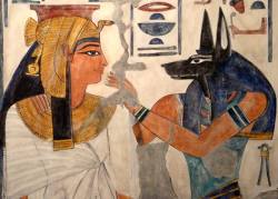 ancient-egypts-secrets:  Queen Nefertari and Anubis; detail from
