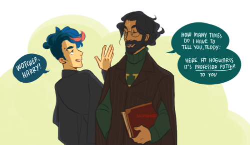 sadfishkid: I present you: professor Potter, Defence Against the Dark Arts teacher and Head of Gryffindor House. And Teddy Lupin, his godson and the sassiest Hufflepuff (on twitter) 