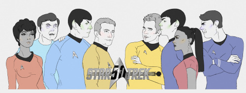 juliette-mercier-book:  For the 50th anniversary of Star Trek I am so in love with this characters ! Thank you Gene for having created the most amazing thing Iâ€™ve ever seen.   Hahah. Too cool not to share. :)Â 