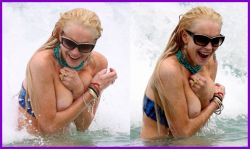 nude-celebz:  Lindsey Lohan boob slip