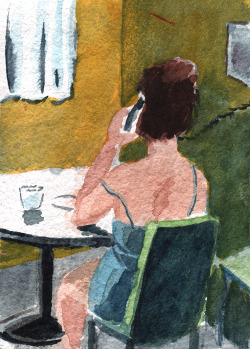 crepusculararchives:  “Doris on the Phone” Watercolor 5x7”