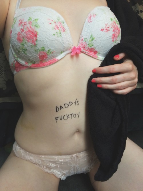 herlittletoybox:  Daddy said to wear this under my dress today  “Daddy’s Fucktoy” … just love that phrase.