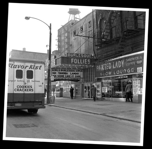 Vintage photo dated from March of ‘64, features the marquee and entrance to Chicago’s 'FOLLIES Theatre’ (once known as the 'GEM Theatre’); located at 450 S. State Street..