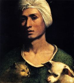 Portrait of a man with a dog and a cat. 1520. Dosso Dossi. 