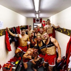 rugbyfan84: Shirtless Canadian ruggers celebrating their victory