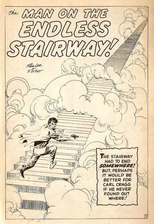 Splash page from ‘The Man on the Endless Stairway’ from Chiller Pocket Book No. 11 (Marvel, 1980). Story by Stan Lee, art by Steve Ditko. From Oxfam in Nottingham.