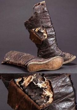 Mongolian armored boots, 15th to 16th c, leather and iron. The