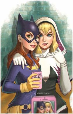 gwipodcast:Batgirl and Spider-Gwen, by Chrissie Zullo [Artwork]