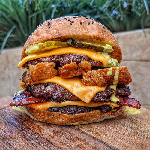 foodmyheart:My homemade triple cheeseburger + bacon & pork