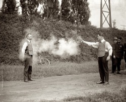vintageeveryday:  Dangerous job: Testing of new bulletproof vests,