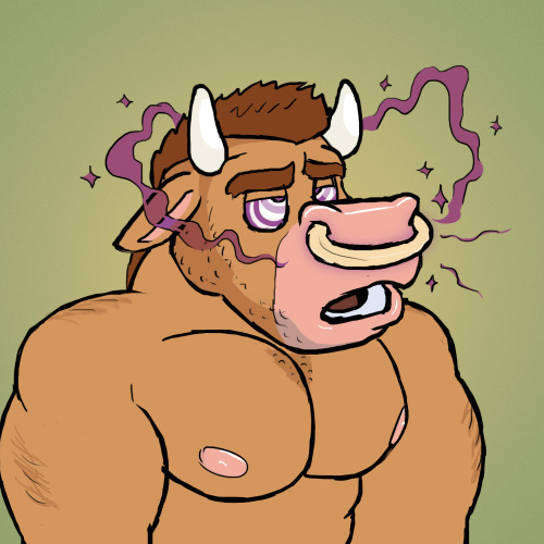 rubberskunkadditionally:  kotepteef:  Boy, looks like nose rings are risky business!  @rubberskunkadditionally made this little bull guy into a big grump, and I came in with the colors.  Man can I call ‘em or what. I liked how this one came out especially