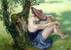 fleurdulys:  Girl with Straw Hat Resting against a Tree - Francine