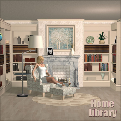 A  large 36-piece props ensemble that replicates a bright, modern home  library environment complete with all of the furniture and book  accessory items you’ll need to set up a charming home library scene. Works in Poser 5 and higher! Home Library