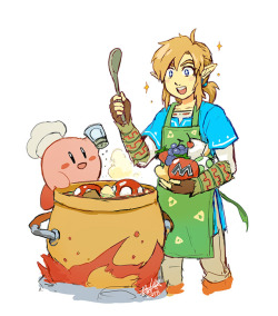 bettykwong:  Botw Link cooking mushroom stew with Kirby– and