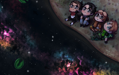 sweetsweetsweetie:   Mini-Mark takes the Mini-Lads stargazing.  Here’s a brand new computer wallpaper for hitting (almost) 4,000 followers. I’m actually about 60 away, but whatever. Drawing space scenes is so much fun, I just had to make something