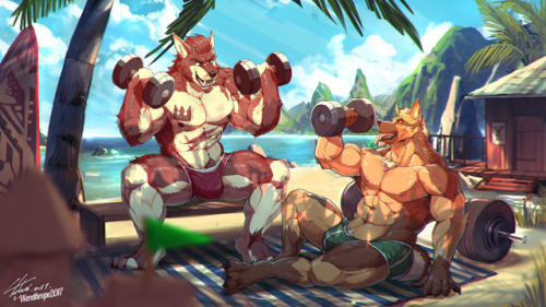 werethropelaporte:‘The Muscle Beach!’ -   A collaboration I worked on with the talented CanyneKhai | CKStudio !With special thanks to his friend when it came to communicating :)Enjoy that heat <3————-Overview of work:CK - Initial sketch