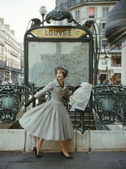 alwaysbevintage:  Model wearing a gray Dior suit photographed