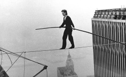 Philippe Petit tightrope walking between the World Trade Center’s