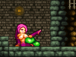 Succubus having fun with a green jelly in a dungeon. OR a topless