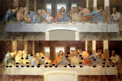 cracked:  Those tasty dinner rolls scattered in “The Last Supper”