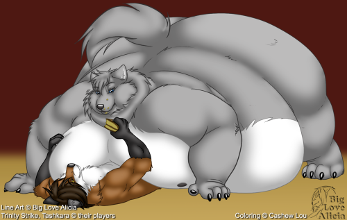 Commission #252 by Big Love Alicia, colored by meHere’s a nice fatfur/feeding pic by Big Love Alicia that I colored and shaded. The artist and the folks whose characters appear in this image gave me permission to post it, so here it is!The original