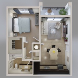 elizabethandrealoves:  smallrooms:  1 bedroom apartment floorplan