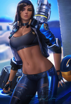 sakimichan:   My take on Pharah from Overwatch in casual Biker