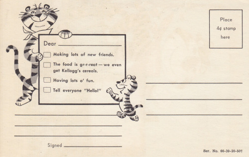 cardboardamerica:  Hi! It’s Great Here Special thank you for the submission from The Groovy Archives. What a great postcard!  Ah, I remember summers in my youth spent at CAMP, writing home to mom and dad about all the lovely Kellogg’s cereals