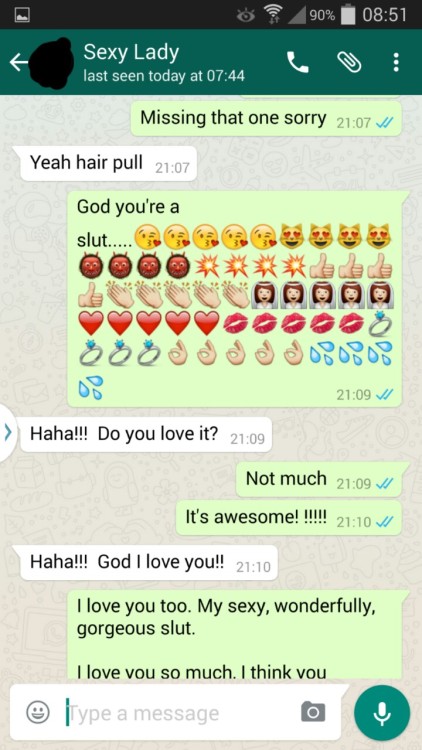 hotwifesextext:  2 of 4  This is a WhatsApp conversation between my woman, who has a regular fuck buddy, and myself.   We gave a game we play, where she gets a points target and challenges, to do by the end of the year. Various points are given for differ