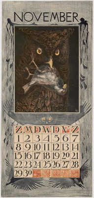centuriespast:  Owl with Dead Sparrow (1903 Calendar: November)