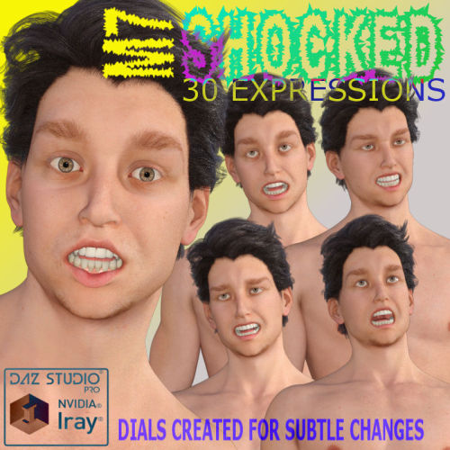 Are you shocked?? I’m shocked! Shocked that these shocking facial expressions are now available! Very exciting! And shocking…. Shocked  Expressions for Michael 7 and Genesis 3 Male is comprised of 30 custom  facial Expression with control sliders