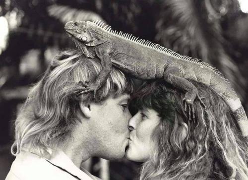 blondebrainpower:Steve and Terri Irwin with an Iguana, 1992
