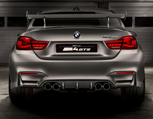 carsthatnevermadeit:   BMW Concept M4 GTS Concept, 2016.Â BMW M Division is presenting an initial preview of a high-performance model for use on the road and, above all, on the race track.Â The world premiere of the BMW Concept M4 GTS takes place today
