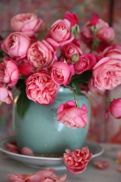 katysflowersandantiques: Pink roses in a blue vase.