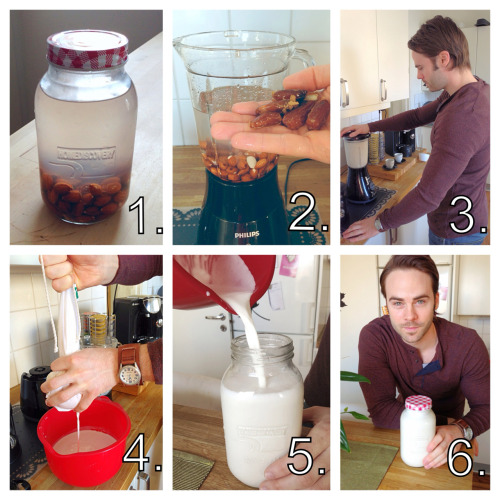 getthisfirefighterfit:  Almond milk tutorial.. 1. Soak a cup of raw almonds overnight. 2. Add the soaked almonds and 4 cups of water to your blender. Optional: sweeten it with a couple of dates, agave, vanilla and/or maple syrup. 3. Blend it at high speed