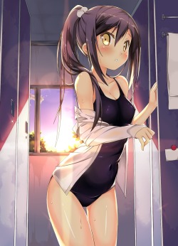 bkuroneko:  erect nipples kawai (purplrpouni) school swimsuit