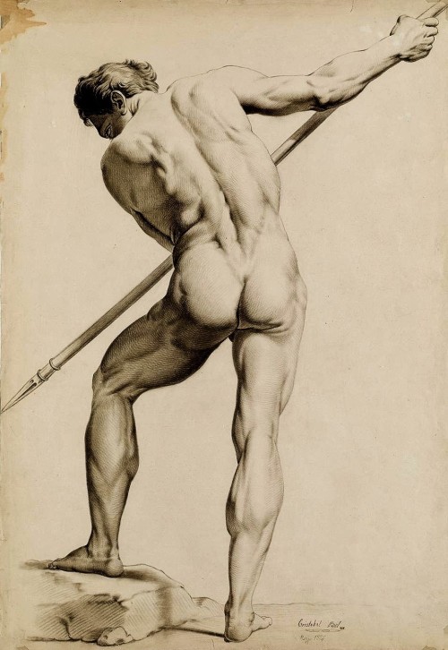hadrian6:  Academy Male Nude with Spear. 1855. Christobal Bel.