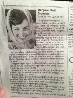 A Portland obituary had some recognizable names. Link to obituary.
