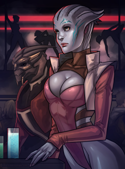 kate-n-bd:  An old ME fanart with random asari. Maybe that turian