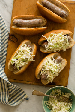 do-not-touch-my-food:  Mustard Slaw Topped Bratwursts  Yummy