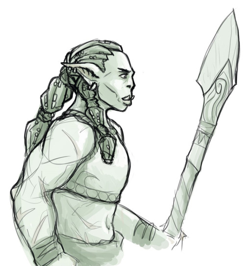 lorsted:older sketch of a spear-fishing orc lady 