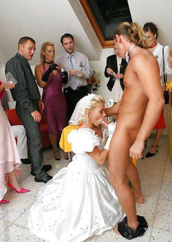 It was the perfect sissy wedding. The beautiful bride looks on as the groom sucks off the best man.