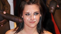 facialcelebs:  Kristen Stewart, two big black dicks and a load